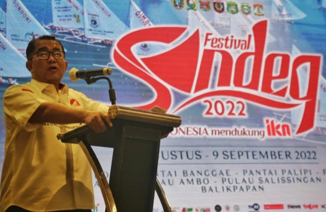 Penjabat (Pj) Gubernur Sulawesi Barat Akmal Malik, saat menghadiri Gala Dinner Festival Sandeq 2022 di Hotel Gammara Makassar, Sabtu (27/8/2022) malam